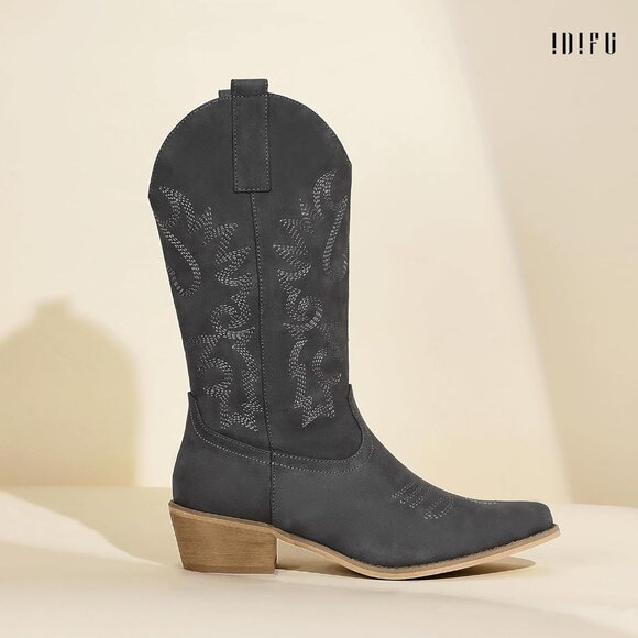 Women Grey Manmade Material Mid Calf Embroidered Low Heel Pointed Toe Boots - Picture 6 of 6